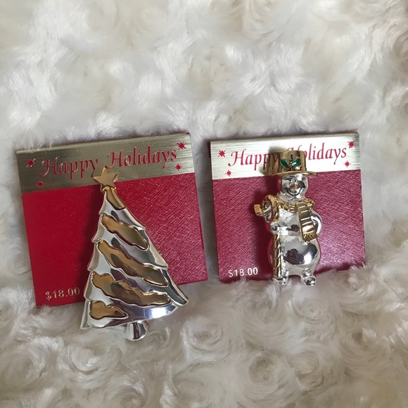 Rare Happy Holidays Snowman & Tree Brooch Pins NWT - Picture 2 of 10